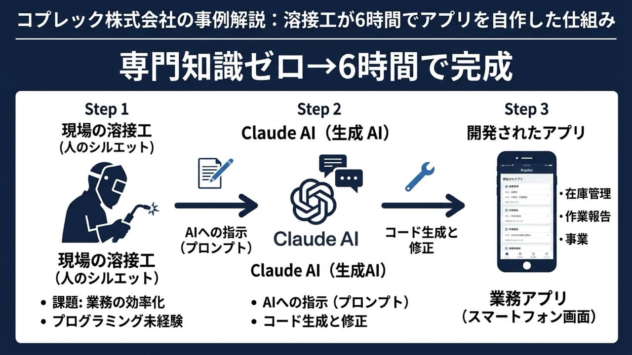 コプレック株式会社 — 溶接工が6時間でアプリを自作した事例図解