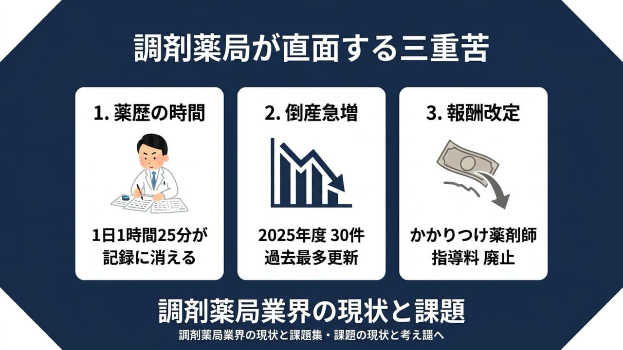 調剤薬局が直面する三重苦を示すインフォグラフィック