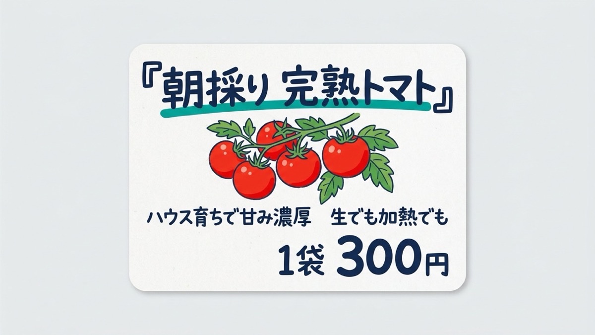 生成AIで作成したトマト直売所POPの例。見出し「朝採り完熟トマト」、ハウス育ちで甘み濃厚・生でも加熱でも、1袋300円
