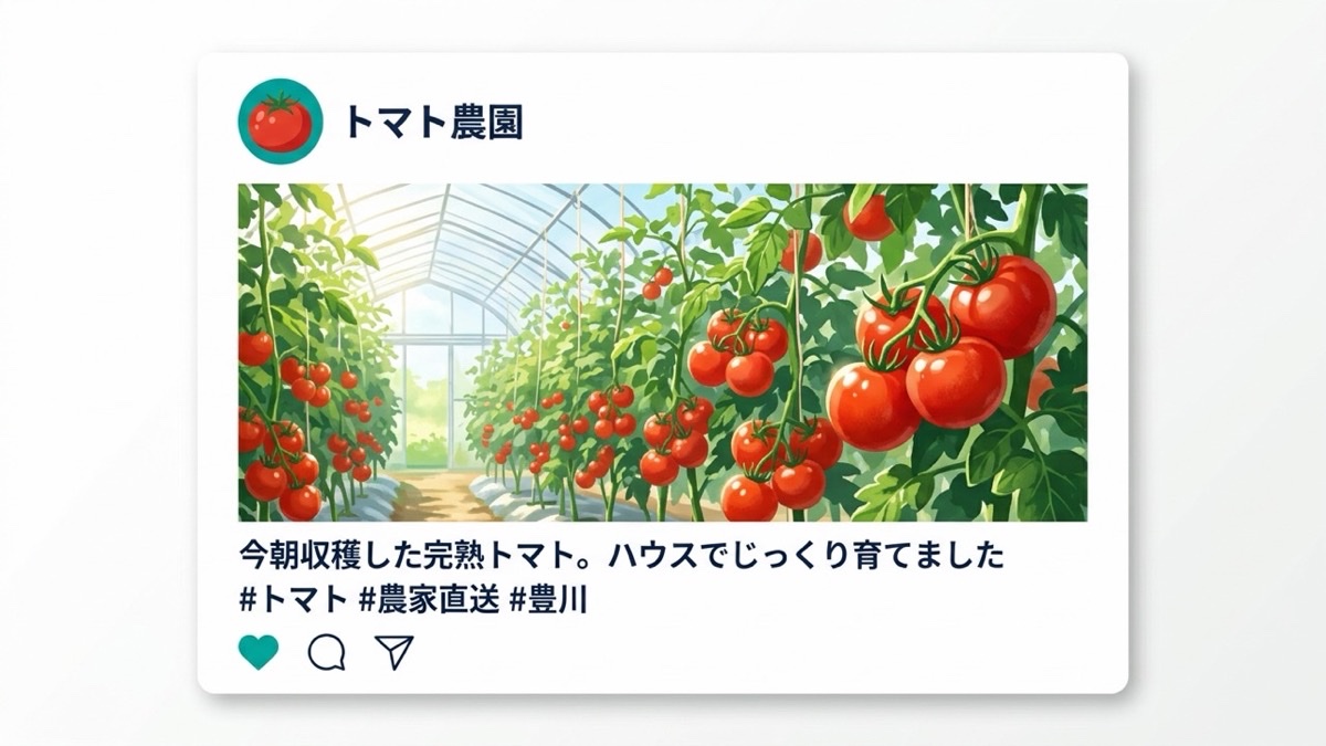 生成AIで書いたSNS投稿の例。トマト農園アカウント、ハウス栽培のトマトの写真、キャプション「今朝収穫した完熟トマト。ハウスでじっくり育てました」とハッシュタグ #トマト #農家直送 #豊川