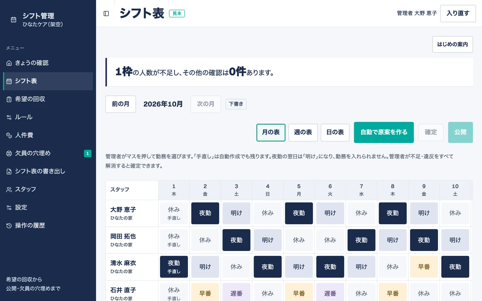 介護施設の見本のシフト表。夜勤の翌日に「明け」が入り、2つの拠点のスタッフを表示