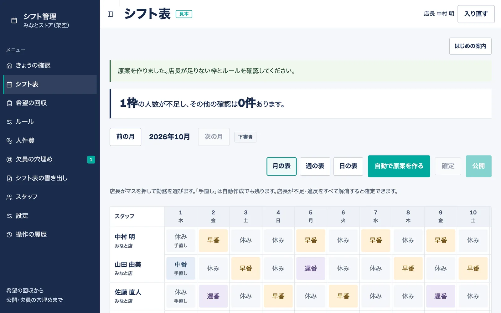 原案を作ったあとのシフト表。「1枠の人数が不足し、その他の確認は0件あります」と月の表を表示